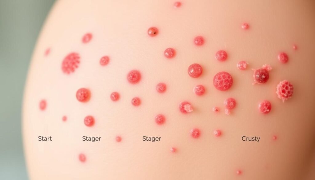 évolution de la varicelle, éruption cutanée, stades de l'éruption cutanée