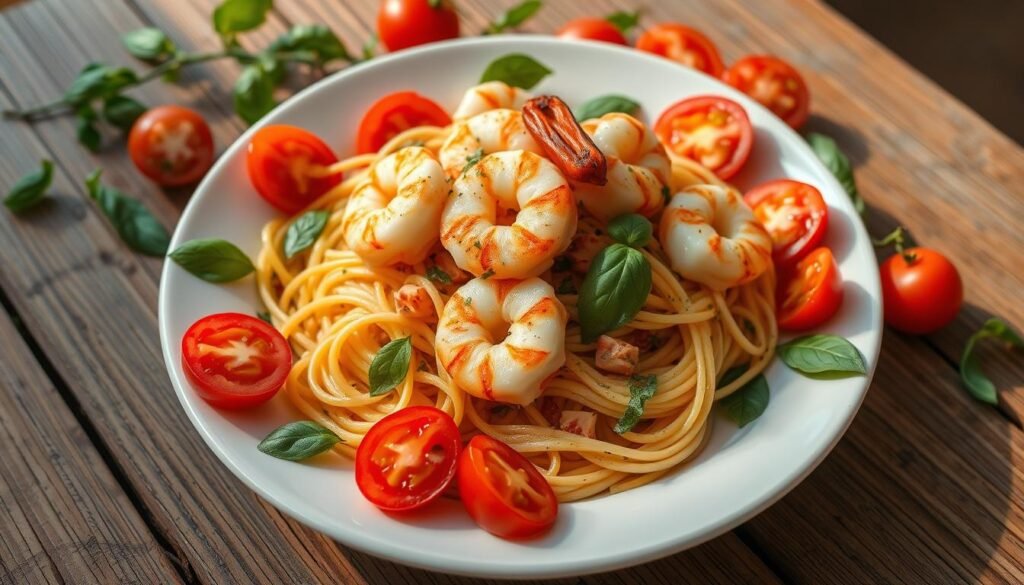 pâtes, crevettes, salade caprese